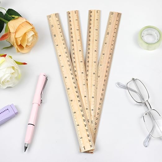4-Pack Wooden Measuring Rulers – 12 Inch / 30 cm Dual-Sided Wood Ruler Set for Students, Teachers, Office & School Use