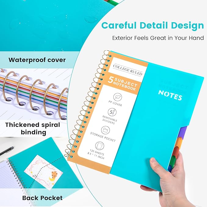 CAGIE Spiral Notebooks for School Work with Removable Dividers Tabs, 8.5” x 11” 5 Subject Notebook College Ruled, Large Lined Journaling Notebook for Women Men Writing, Teal