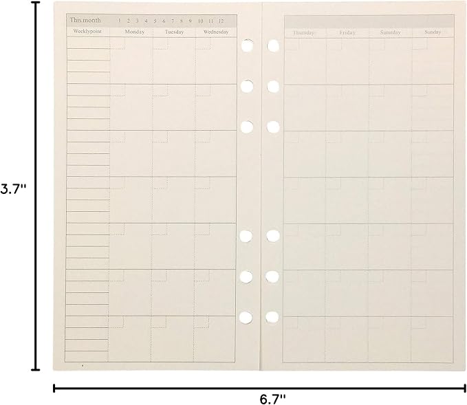 Zelten Refills/Loose Leaves for A6 Cover Ring Binder/Personal Organizer/Planner(A6 6 Holes, Monthly Plan)