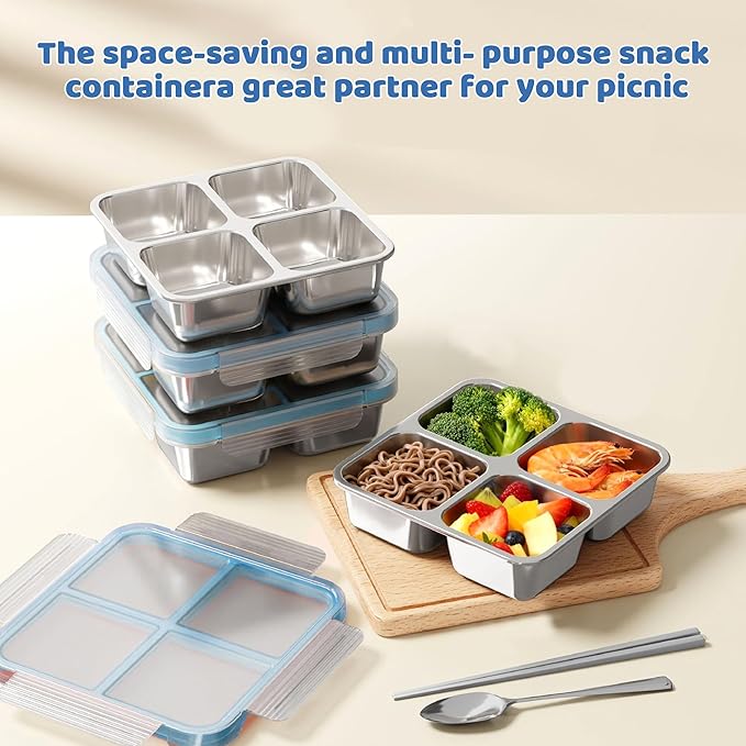 3 Pack Stainless Steel Reusable Snack Containers with Lids, 4 Compartment, Leakproof, 24.5 oz Food Storage & Meal Prep Containers, Bento Lunch Box for Adults,Men,Women(Blue)