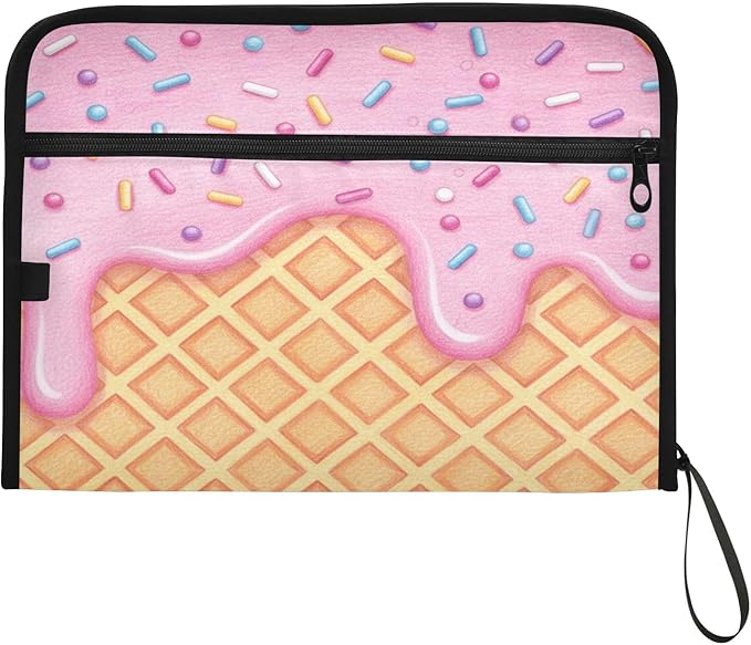 Ice Cream Pink 13 Pocket File Organizer Expanding File Folder with Front Pouch Portable Business File Storage Document Organizer Folder with Zipper