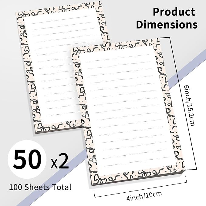 2 Pack Lined Sticky Notes 4x6 in, Cute Self-Stick Notepads with Lines, Large Memo Pads Strong Adhesive for Office, Home Cute Black Bowtie