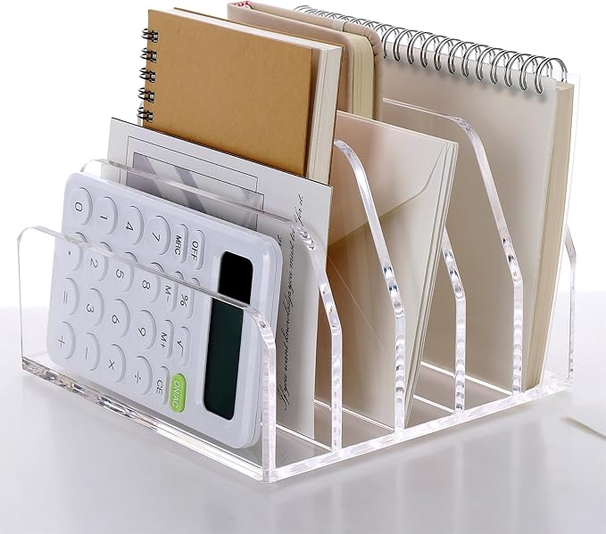 SANRUI Acrylic Desk Mail Organizer Sorters, Clear 5 Upright Compartments Laddered Desktop File Letter Holder, Multifunction Envelope Vertical Folder Racks Document Holders for Office, Home, School