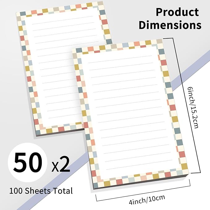 2 Pack Lined Sticky Notes 4x6 in, Cute Self-Stick Notepads with Lines, Large Memo Pads Strong Adhesive for Office, Home Colorful Cute Checkerboard