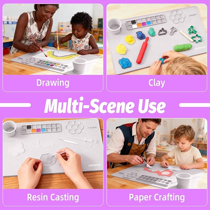 Paint Pad for Kids, Art Supplies for Kids Silicone Painting Mat, 23.6 x 15.8in Paint Mat with 3 Nylon Brushes, Art Mats for Crafts to Protect Table, Painting Pad Washable(Purple)