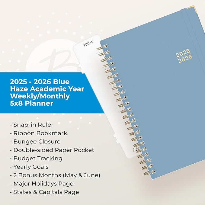 Blue Sky 2025-2026 Weekly and Monthly Academic Year Planner Calendar, July 2025 - June 2026, 5" x 8", Faux Leather Cover, Wirebound, Storage Pocket, Laminated Tabs, Blue Haze