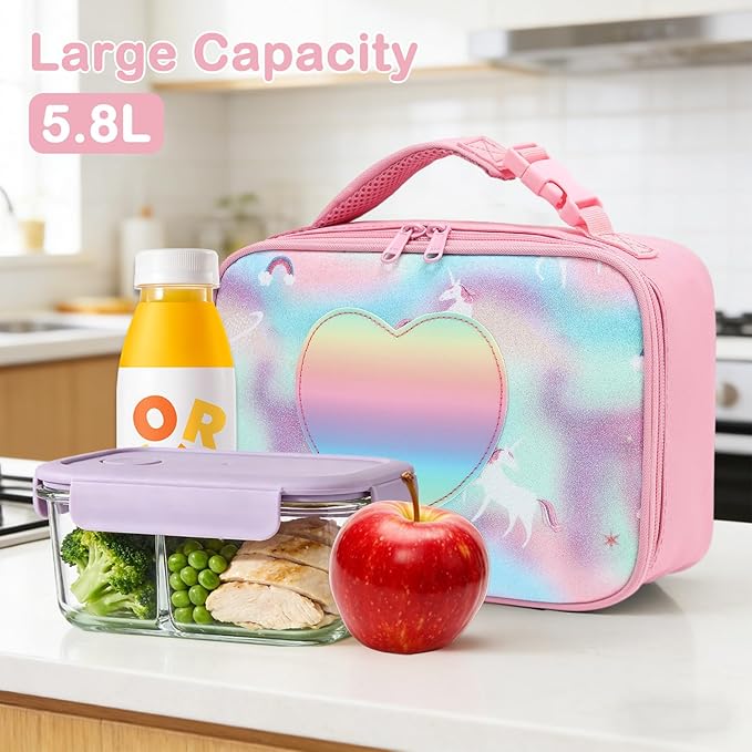 FlowFly Kids Lunch box Insulated Soft Bag Mini Cooler Back to School Thermal Meal Tote Kit for Girls, Boys, Glitter-Unicorn