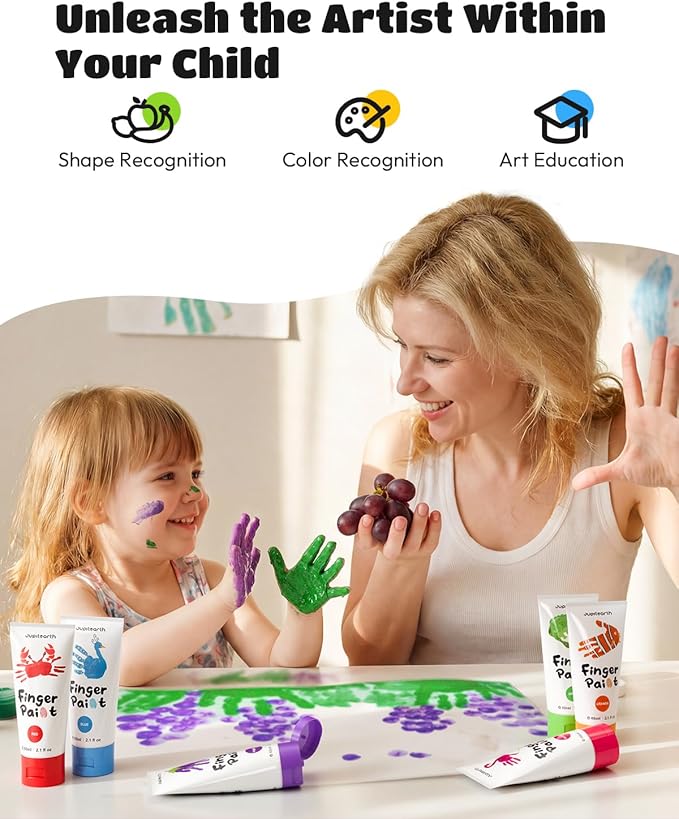 JUPITEARTH 28 PCS Finger Paint, Washable Paint for Todllers 1-3, Non-Toxic 12 Vibrant Colors (2.1fl oz/60ml ) , Palette, Apron, Brush, Eye Stickers, Baby Safe Paints for Hand and Feet, Safe Preschool Art Supplies for Kids