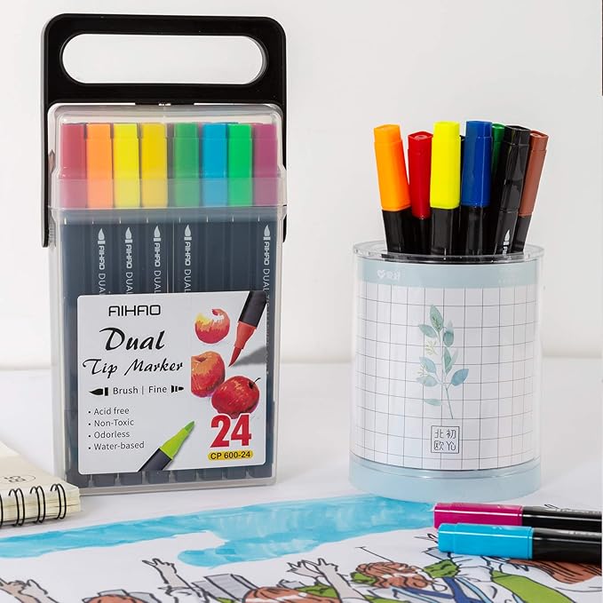 Markers for Kids,Washable Markers With Stand Portable Box,Dual Tip Set, Brush & Fine Tips, 24 Pack, Art Supplies for Coloring, Doodling, Sketching, Drawing, Journaling