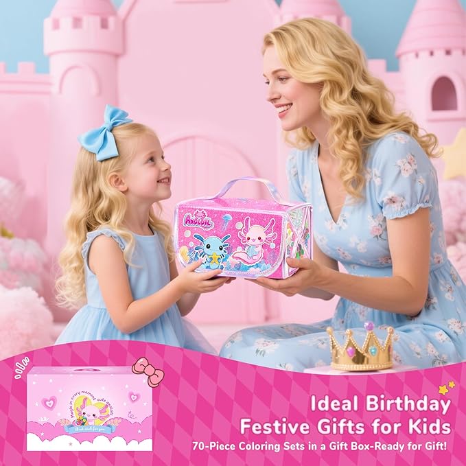 Axolotl Arts and Crafts for Girls Ages 4-5-6-7-8, 70 PCS Art Supplies Set with Kawaii 3D Pink Pencil Case, Washable Dual Markers, Scented Gel Pens, Twist-up Crayons & Axolotl Stickers, Birthday Gift