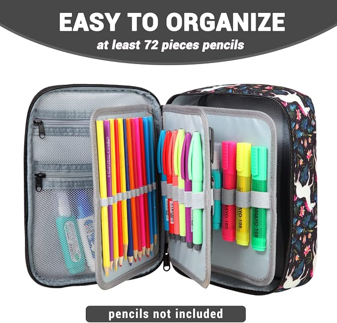 VASCHY Large Pencil Case, Art Color Pencils Pouch with Detachable Layers Multiple Zip Pockets for School Office Stationary Organization Black Unicorn
