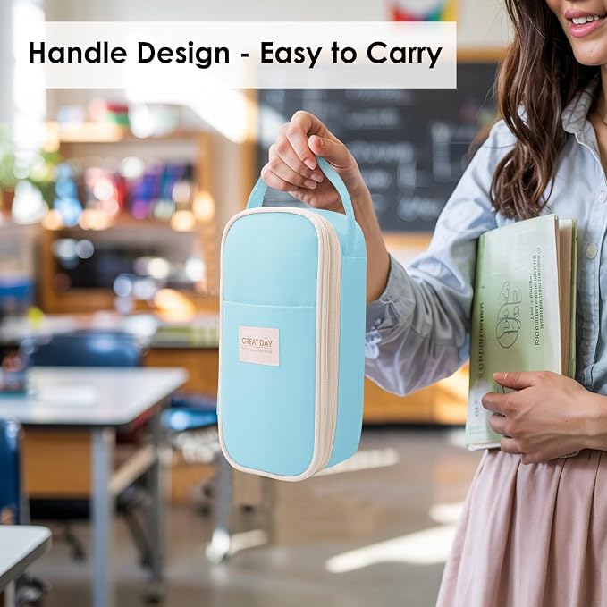 SKYDUE Light Blue Pencil Case for Girls & Boys - Aesthetic Pencil Bag with Multi-Compartment, Large Capacity Zippered Pencil Pouch for School Supply