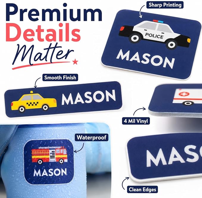 Andaz Press Custom Personalized Waterproof School Name Labels, Fire Truck Police Car School Bus, 120-Pack, Kids Labels Combo Pack, Customizable Multi-Use Name Stickers for Preschool, Daycare, Supplies