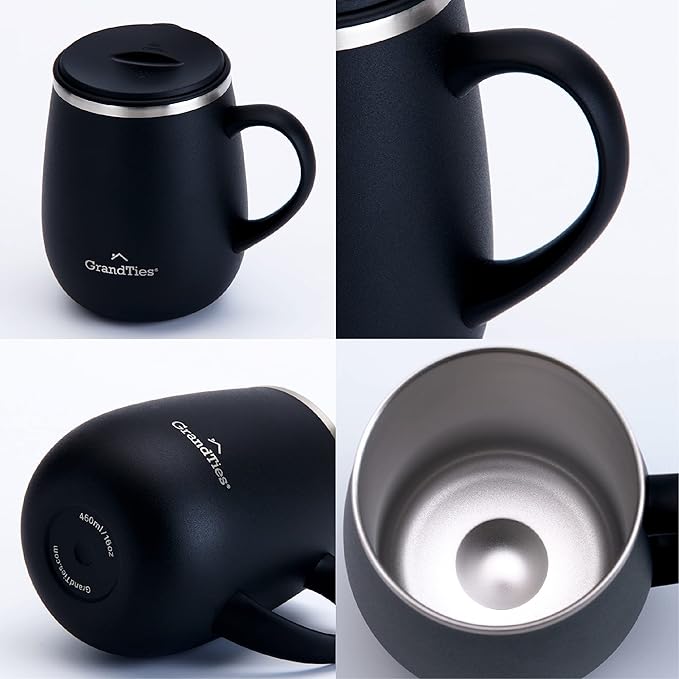 GRANDTIES Insulated Coffee Mug with Handle - Sliding Lid for Splash-Proof 16oz Wine-Glass Shape Thermal Tumbler with Double Walled Vacuum Stainless Steel to Keeps Beverages Hot or Cold-Black