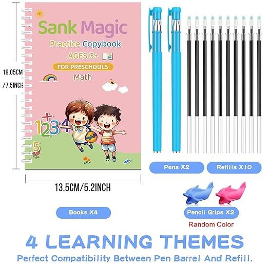 Magic Grooved Writing Practice|Grooved Handwriting Practice for Kids|Grooved Writing Books for Kids 3-5/3-10|4-in-1 Set with 2 Grips, 10 Disappearing Refills|Reusable ink Pen Control Training.