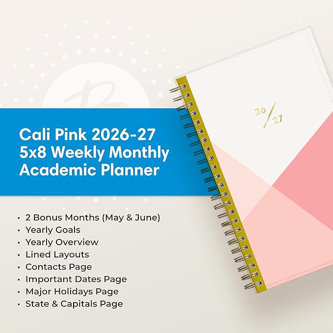 Blue Sky 2026-2027 Weekly and Monthly Academic Year Planner Calendar, July 2026 - June 2027, 5" x 8", Clear Pocket Cover, Wirebound, Laminated Tabs, Cali Pink