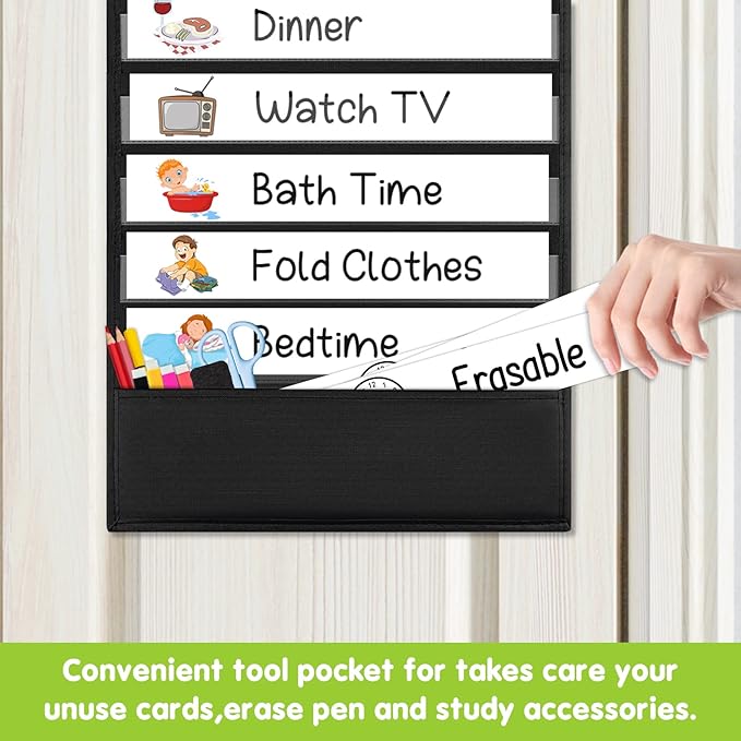 EAMAY Daily Schedule Pocket Charts, Teacher Schedule Chart with Resuable 18 Custom Cards, Classroom Pocket Chart for School Office or Homeschool Activities, Black
