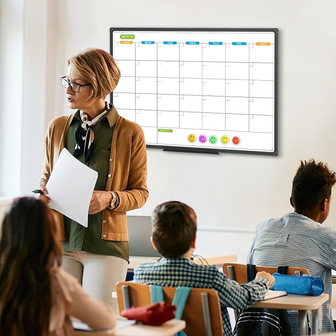 JILoffice Dry Erase Calendar Whiteboard - Magnetic White Board Monthly 36 x 24 Inch, Black Aluminum Frame Wall Mounted for Office Home and School