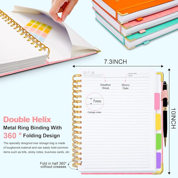 Hardcover Spiral Notebook 8"x10" Journal Notebook with Tabs and Removable Dividers 300 Pages 5 Subject Notebook College Ruled, Faux Leather Spiral Bound Notebook for Women School Work (Pink)