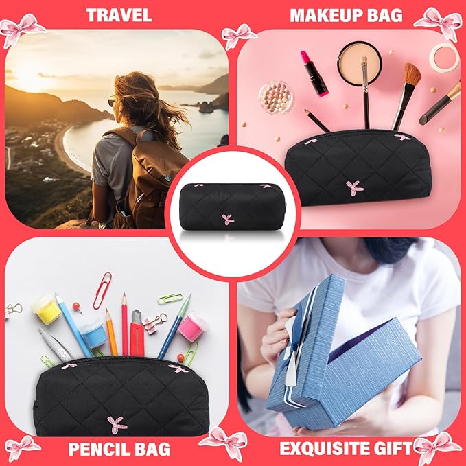 Sherr Black Coquette Bow Pencil Case Pink Bow Cute Pencil Pouch Soft Cotton Storage Bag Aesthetic Pattern Gift Makeup Pouch Cosmetic Travel Bag for Women