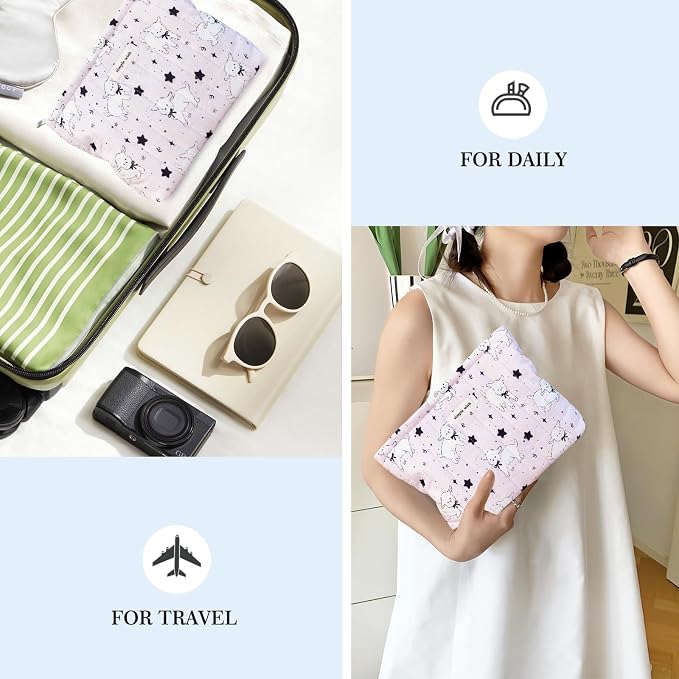 STARDW Cute Cotton Quilted Makeup Bag Cosmetic Bags for Women and Girls | Soft Quilted Makeup Pouch with Zipper, Large Capacity Travel Toiletry Bag, Aesthetic Purse Organizer Pouches, Canvas Lining