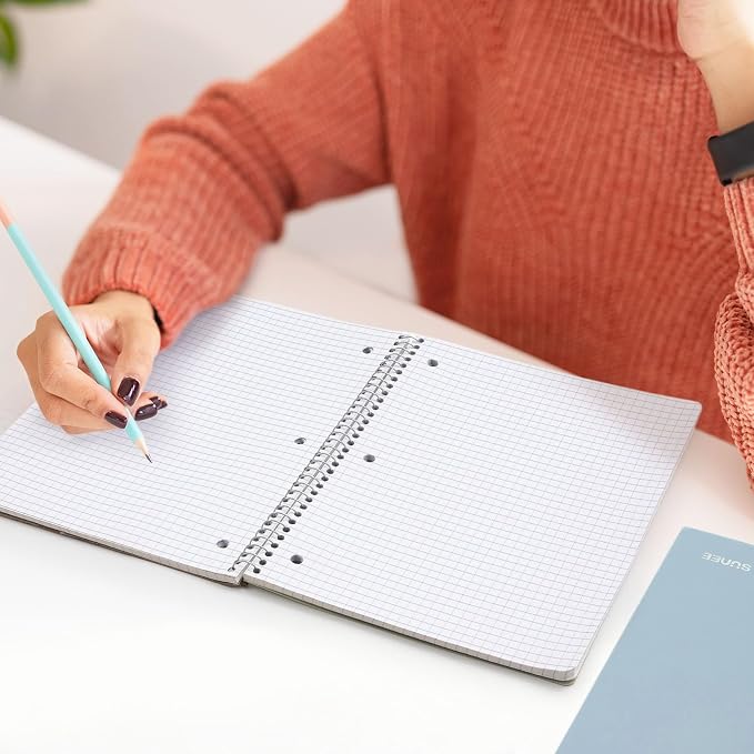 SUNEE Spiral Notebook, 1-Subject, Graph Ruled Paper, 8" x 10-1/2", 100 Sheets per Notebook, 3-Hole Punched Paper, Water Resistant Cover, Spiral Grid Notebooks for Work, Home, School, Grey Blue