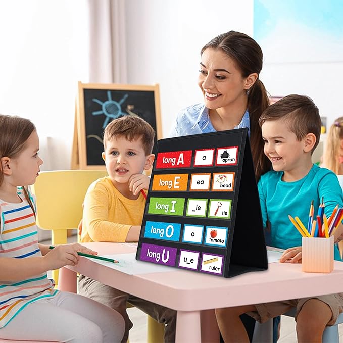 Tabletop Pocket Chart for Classroom or Home,Small Double Sided Stand Pocket Chart – Fits Standard 3” Sentence Strips and Cards (Black)