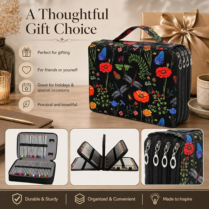 120 Slots Colored Pencil Case Organizer, 3 Layer Bag | Twill Oxford fabric,127 elastic loops,detachable handle,for travel, home storage,drawing tools,creative gifts