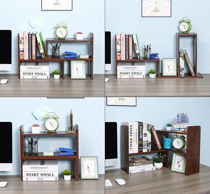 PAG Desk Organizer Desktop Shelf Adjustable Countertop Bookshelf Small Table Shelves Book Organizer Office Organization for Desk, Antique Brown