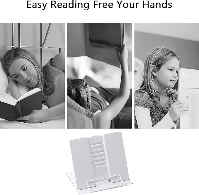 Azheeujy Metal Book Stand Folding Reading Book Holder with 6 Adjustable Angles and Paper Page Clip,Sturdy Desktop Book Holder for Cookbook,Magazine,Textbooks,Document,Music Book,Laptop,Tablet (White)