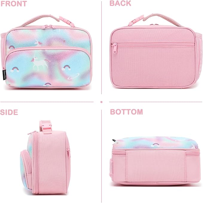 FlowFly Kids Lunch box Insulated Soft Bag Mini Cooler Back to School Thermal Meal Tote Kit for Girls, Boys,Glitter-Unicorn