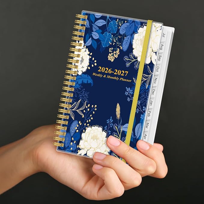 2026-2027 Pocket Planner/Calendar - 2026-2027 Planner from July 2026 - June 2027, Planner 26-27 with 12 Tabs, Twin-Wire Binding, Inner Pocket, 3.75" x 6.75, Blue Leaf Flower
