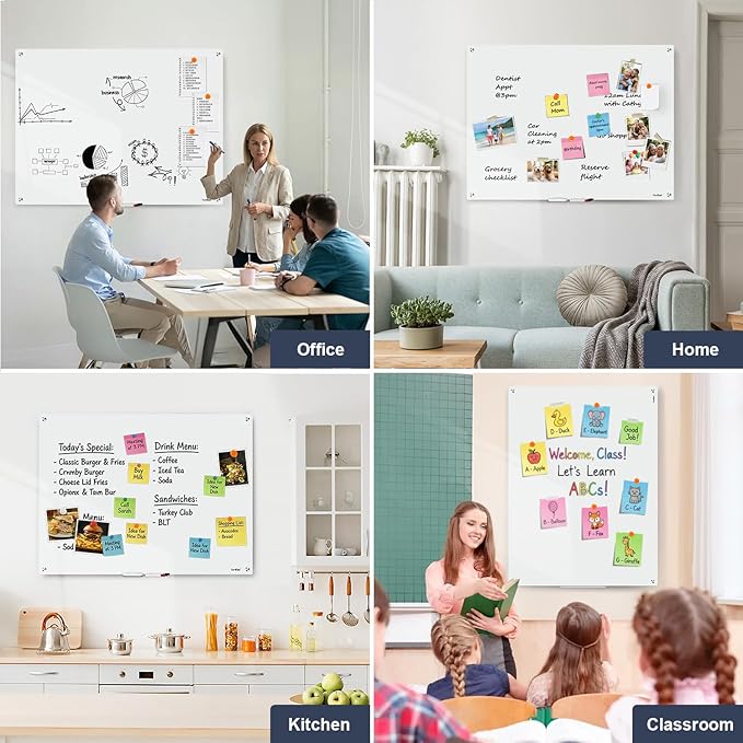 Magnetic Glass Dry Erase Board, 48” x 32” Glass Whiteboard for Wall, Large Modern White Board for Office Home School Classroom