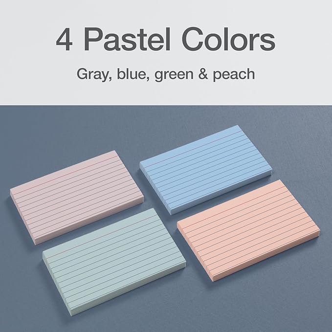 Oxford Ruled Index Cards, Lined Note Cards, Flashcards for School, 4 Assorted Pastel Colors: Gray, Peach, Light Blue and Light Green, 3 Inch x 5 Inch, 200 Cards Per Pack (1017486)