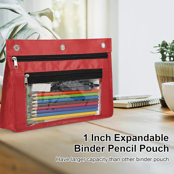 YoeeJob 2 Pack Expandable Pencil Pouches for 3 Ring Binders, Red | 1-inch expansion, 2 clear PVC pockets, 3 holes, large-capacity storage for school and office supplies.