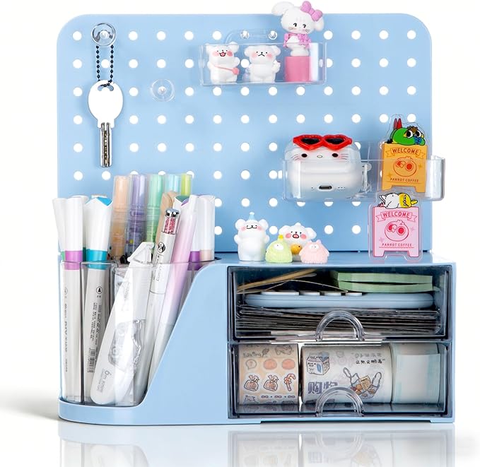 Comix Desk Organizer with Drawer, 360° Rotating Pen Holder for Desk, Pen Organizer with 5 Slots Pencil Holder+Pegboard+2 Drawer for Office Home Art Supplies (Blue)