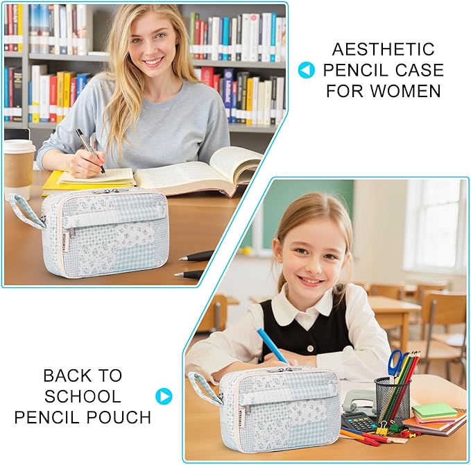 WOBAGMEN Quilted Pencil Pouch for Girls Women, Large Pencil Case Pouch with Compartments Cute Aesthetic Pencil Case Organizer, Floral Pencil Bag for School Supplies (green blue pin)