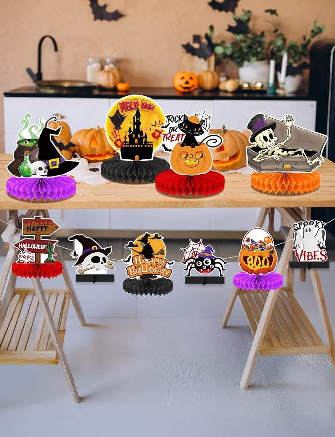 10Pcs Halloween Party Decorations Honeycomb Centerpiece - Halloween Table Decorations Spooky Orange Black Table Centerpieces Pumpkin Ghost Witch Table Topper Decor Indoor Outdoor Supplies