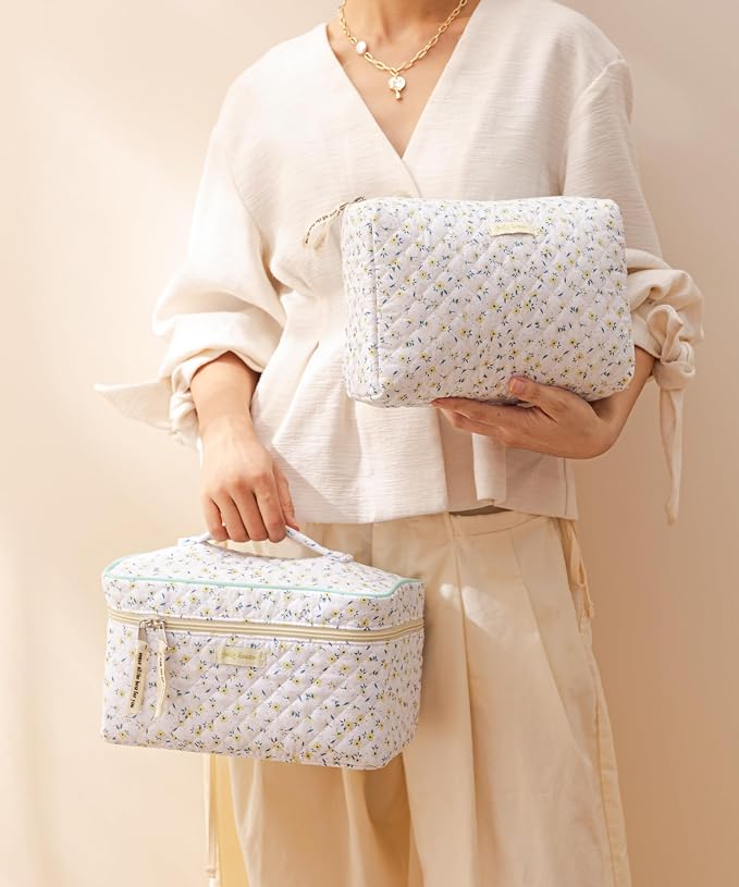 HBselect Quilted Makeup Bag, 3Pcs Cotton Large Travel Makeup Bags Organizer | Cute Floral Make up Bag Cosmetic Bag Toiletry Bag for Women Girls, Makeup Pouch for Skincare, Brushes & Travel Essentials