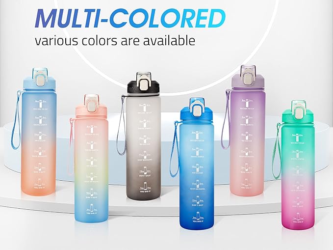 YC Kitchen Motivational Water Bottle with Time Marker- 32oz Water Bottles with Times to Drink, Leakproof & BPA Free Sports Water Bottle with Straw & Carry Strap for Fitness, Gym, and Outdoor Sports