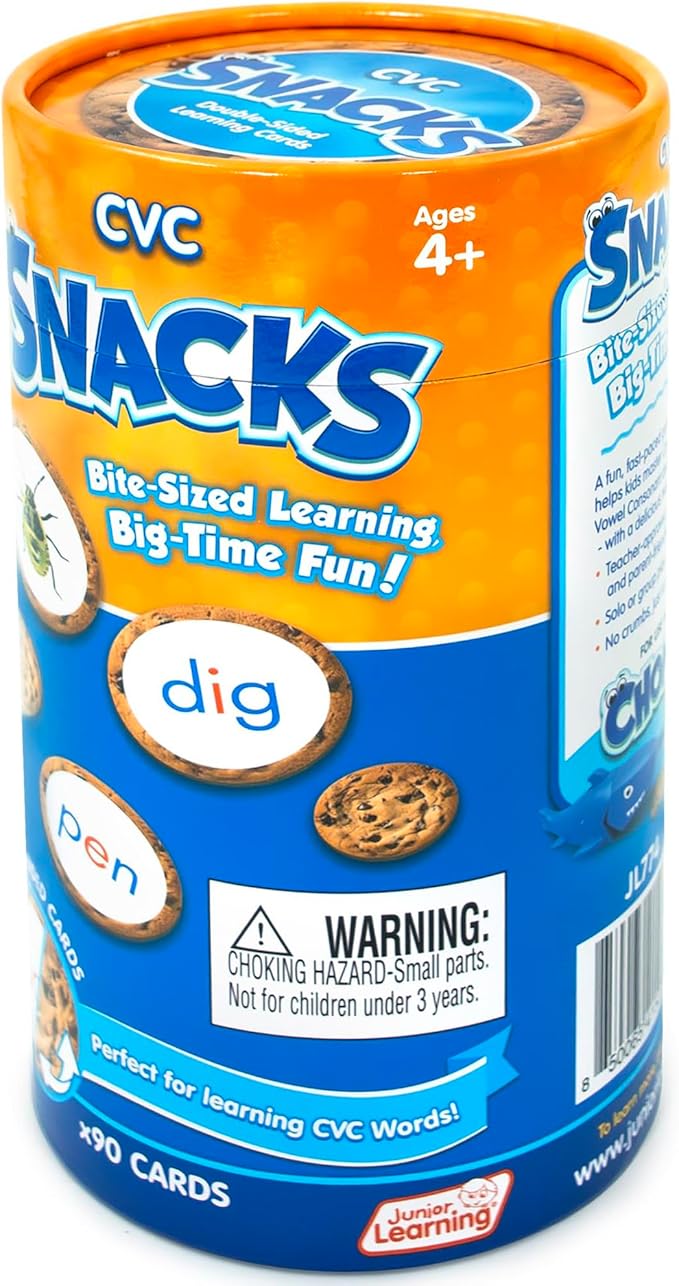 Junior Learning: CVC Snacks - Hands-On Spelling Game, Phonics & Words Practice, Picture Clues, Color Coded, Cookie Theme Double-Sided Cards, Kids 4+