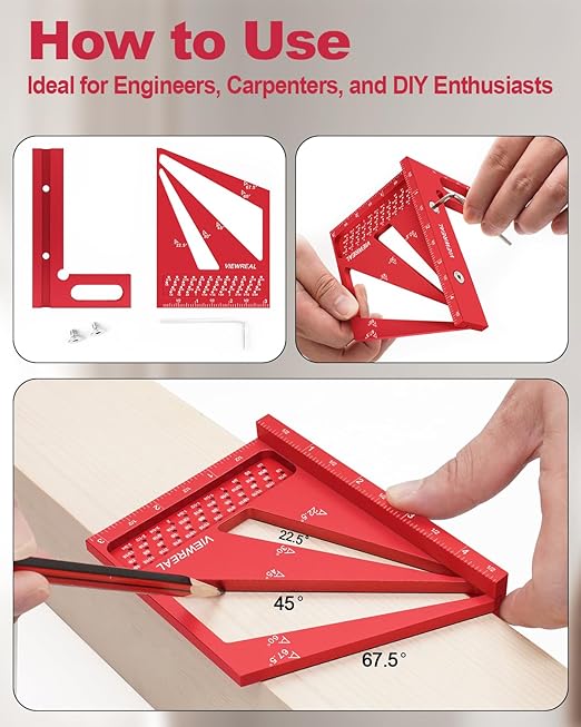 Multi-Angle 3D Measuring Ruler: 22.5/30/45/60/67.5/90 Degree Aluminum Alloy Square Ruler Protractor, Ideal for Engineer Carpenter Crafting, Drawing