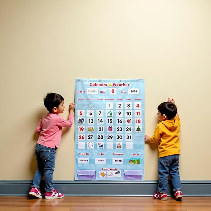 Morning Board Calendar for Toddlers - Preschool Learning Wall Chart for Classroom & Homeschool Interactive Educational Calendar with Pockets for Weather, Days of The Week, Seasons (Light Blue)