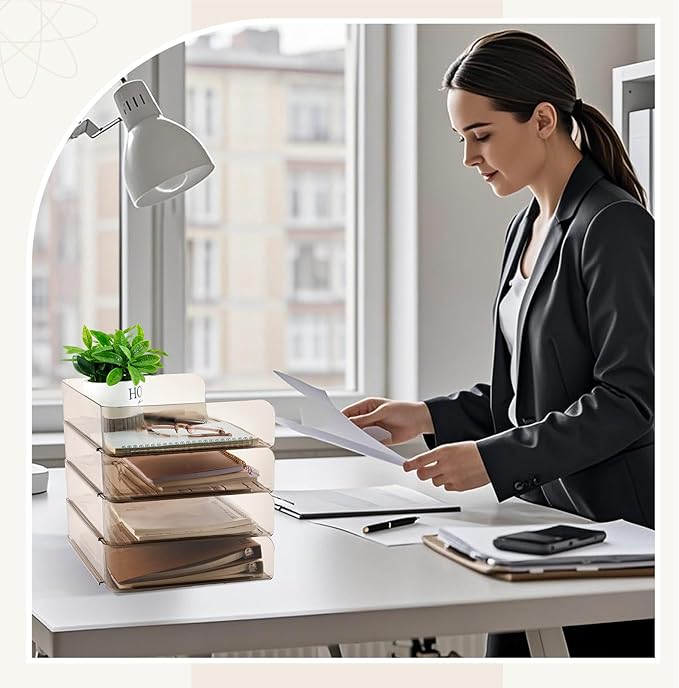 Harloon 4 Tier Clear Gray Acrylic Paper Organizer Letter Tray, Aesthetic Stackable Desk File Organizer Holder Office Tray for A4, Modern Home Office File Pad Books Notes, 13 x 9.8 x 3 Inches