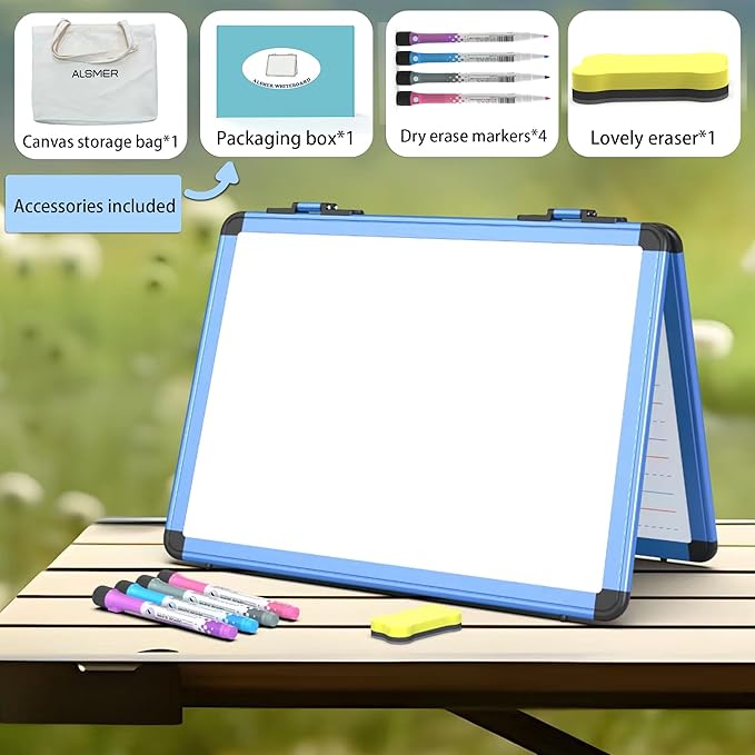 Dry Erase Board, 17x13 inch with 4 Sides Magnetic Whiteboard, A3 Foldable Small White Board with Lines, Perfect for Office, School, and Home. (Blue)