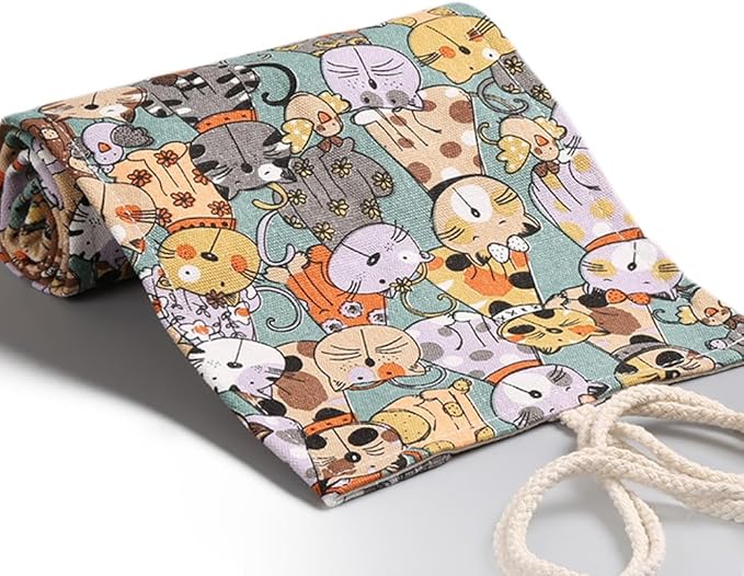DIYOMR 24/36/72 Slots Pencil Wrap Pencil Rolls, Artist Colored Pencils Roll Up Bag Short Brushes Pouch Case Pencils Organizer for Drawing Coloring and Sketching, NO PENCILS (Cuddly Cat, 72slots)