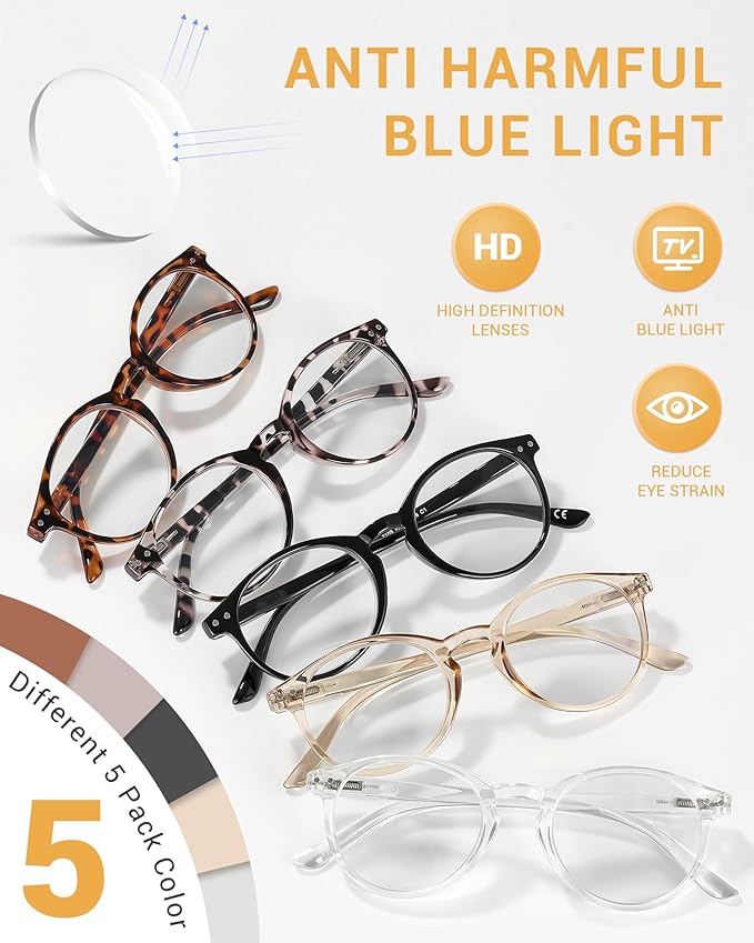 JOLISU 5 Pack Reading Glasses For Women/Men-Blue Light Blocking Computer Reader w/Round Frame - Retro Clear Lens Fake Eyeglasses(4.0)
