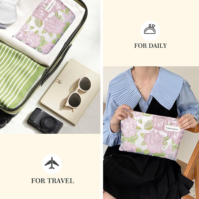 STARDW Cute Floral Makeup Bag Organizer Travel Cosmetic Pouch for Women | Aesthetic Cosmetic Bag with Zipper, Large Capacity Travel Toiletry Bag, Purse Organizer Pouches, Canvas Lining