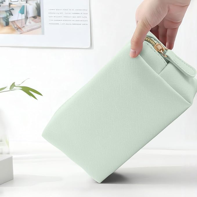 Leather Makeup Bag for Purse Travel, Portable Small Cosmetic Organizer for Women and Girls, Make up Bag with Zipper