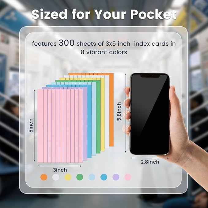 300Count Colored Index Cards 3x5, Ruled & Blank Flash Cards 8 Color Portable Note Taking, School Supplies for Students, Teachers, College, Study Organizing Notes